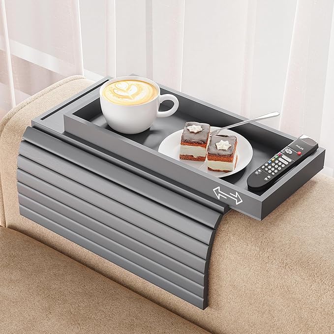 Bamboo Sofa Armrest Tray Table for Couch - 2-in-1 Foldable Couch Arm Table with Be Slide Detachable Tray- Anti-Slip Sofa Armchair Caddy for Drinks Cellphone TV Remote Snacks(Gray)