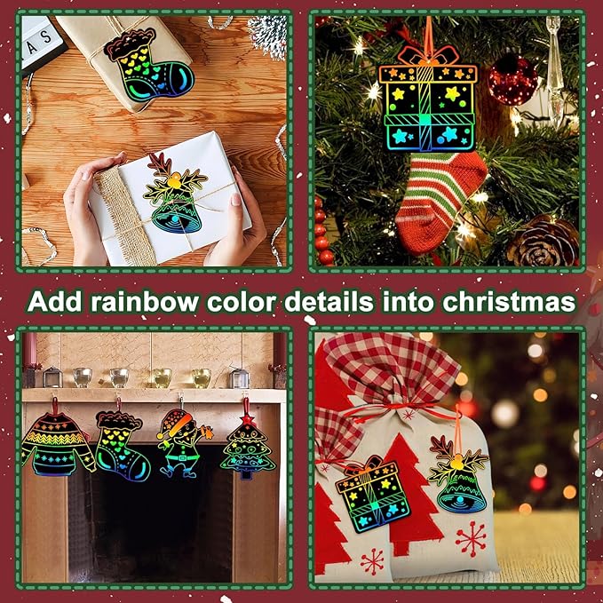 JULMELON Christmas Scratch Art, 36 PCS Christmas Crafts Kits for Kids Rainbow Magic Scratch Paper Cards Xmas Hanging Ornaments Decorations DIY Winter Holiday Party Favors