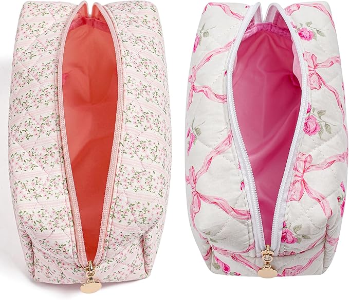 HHQQWZ Makeup Bag Travel Cosmetic Bag for Women Girls, Zipper Make Up Pouch, Floral Flowers Toiletry Organizer Makeup, Portable Storage Bag, Cosmetic Travel Cloth Bag (Pink+Pink Bowknot)