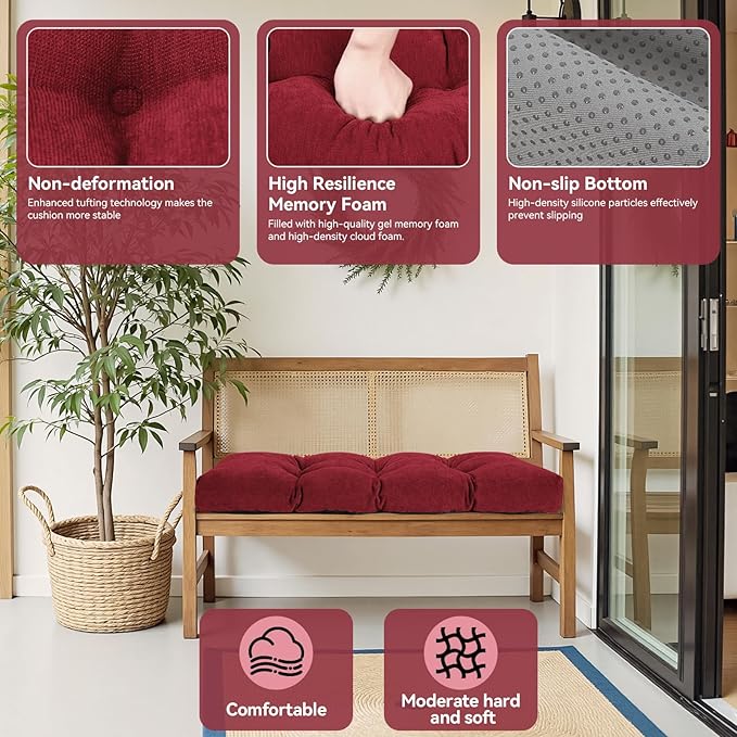 Bench Cushion 36 Inch - Chenille Fabric, High-Density Foam, Non-Slip Bottom, Soft Durable Indoor Tufted Long Seat Cushion for Window Garden Furniture (Red, 36x14x4 Inch)