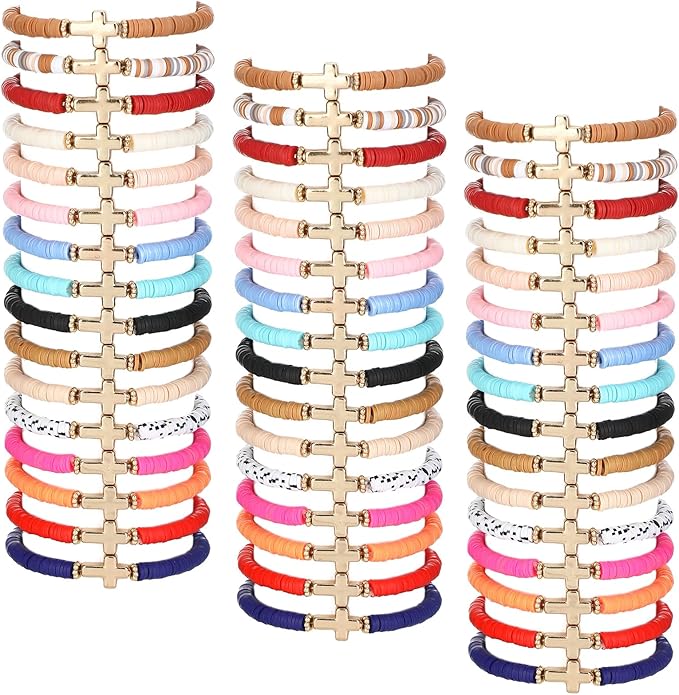 48 Pcs WWJD Bracelets What Would Jesus Do Bracelets for Women, Christian Wristbands Pack Handmade Elastic Beaded Wristbands Inspirational Religious Jewelry Gift for Girls Her(Cross)