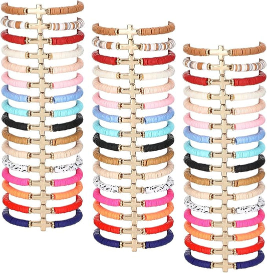 48 Pcs WWJD Bracelets What Would Jesus Do Bracelets for Women, Christian Wristbands Pack Handmade Elastic Beaded Wristbands Inspirational Religious Jewelry Gift for Girls Her(Cross)