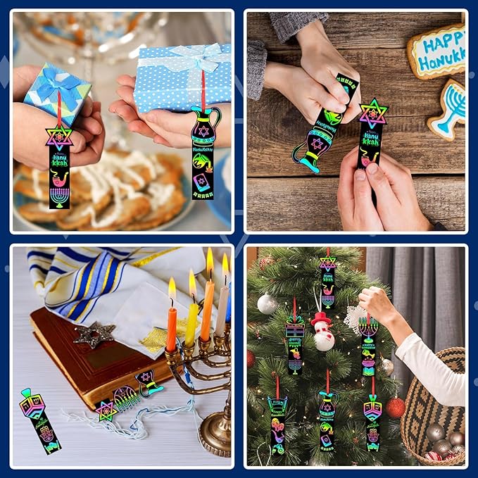 AUGSUN 96Pcs Hanukkah Crafts for Kids, Chanukah Magic Rainbow Scratch Art Bookmarks Hanukkah Gifts for Kids Home Classroom Activities Hanukkah Decorations Party Favors Games Hanging Ornaments