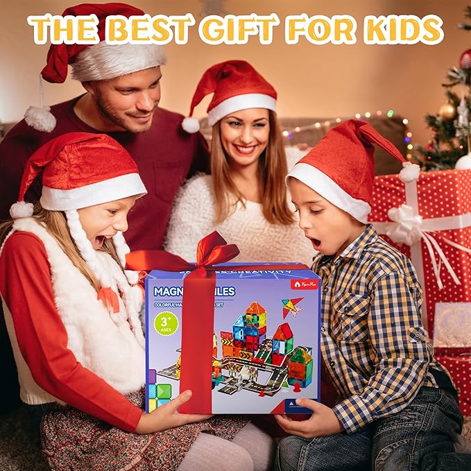 Magnetic Tiles Road Set with Car Crane and Toy Figurine, Construction Tiles Building Blocks Set for Kids Birthday Gifts, Educational STEM Sensory Toys for 3 4 5 6 7 8+ Year Old Toddlers Boys Girls