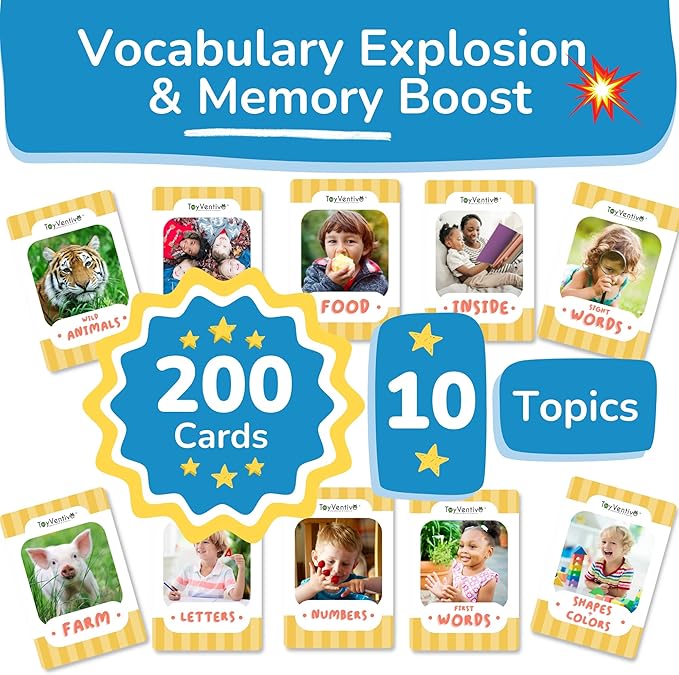 TOYVENTIVE First 200 Thick Toddler Flash Cards, 1 2 3 4 Year Old Letter, Number, Color, Animal, Baby Flash Cards Activities, Montessori Toys for Toddlers and Preschool, Toddler Learning Cards