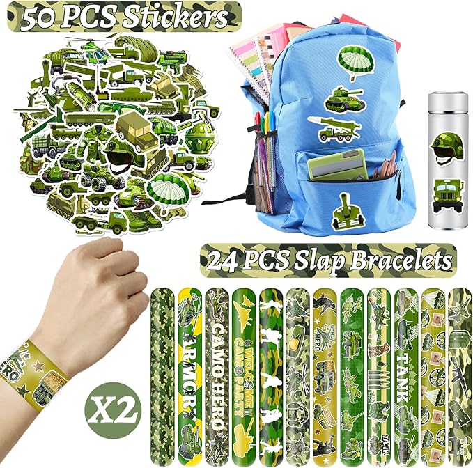 74 PCS Army Party Favors, 24 PCS Military Camo Slap Bracelets 50 PCS Army Stickers Army Birthday Party Decorations Supplies Gifts for Kids Classroom Rewards