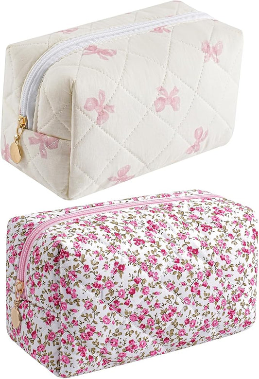 HHQQWZ Makeup Bag Travel Cosmetic Bag for Women Girls, Zipper Make Up Pouch, Floral Flowers Toiletry Organizer Makeup, Portable Storage Cosmetic Travel Cloth Bag (Pink Bow Tie+Flower-Red)