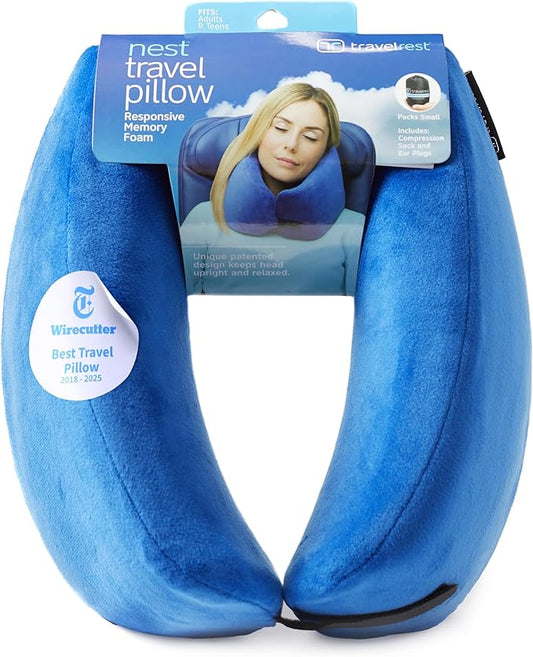 TRAVELREST Nest Neck Support Pillow - Travel Essentials, Memory Foam, Compact Travel Pillow for Long Flights, Plane Sleeping Accessories, Comfortable, Compact, Washable, Attaches to Luggage - Blue