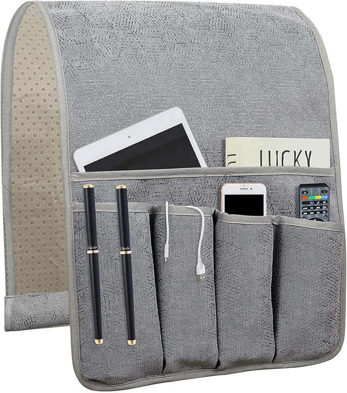 NB Sofa Armrest Organize remote holder bedside caddy organizer with 5 pockets，non-slip couch remote control holder couch armchair caddy accessories (Gray, 35"x12.4")