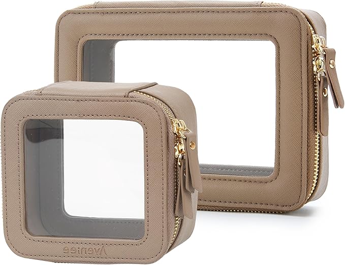 Aveniee Clear Makeup Bag Set (2-Piece Mini & Midi) - Travel Toiletry Organizer for Women, Waterproof Cosmetic Pouch & Car Accessory for Travel Size Toiletries, Taupe