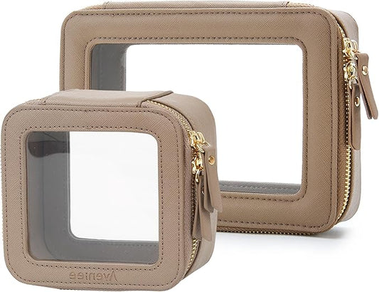 Aveniee Clear Makeup Bag Set (2-Piece Mini & Midi) - Travel Toiletry Organizer for Women, Waterproof Cosmetic Pouch & Car Accessory for Travel Size Toiletries, Taupe