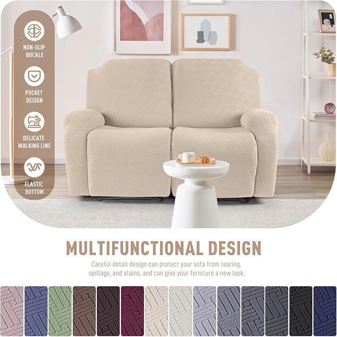 KinCam Recliner Covers, Stretch Reclining Chair Covers, Recliner Sofa Slipcovers Stripe Jacquard Recliner Couch Covers Furniture Protector Covers for Pet Kid (2 Seater, Vanilla)