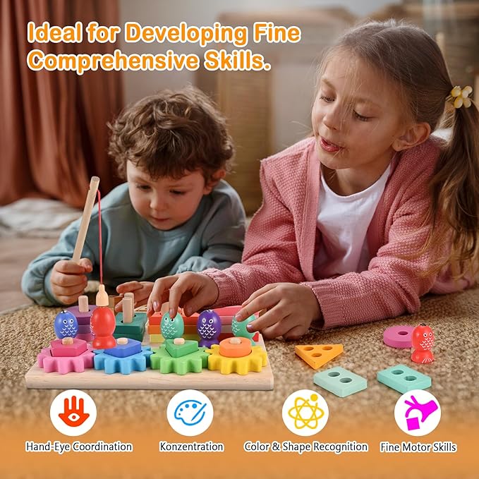 Montessori Toys for 3 4 5 Years Old Toddlers, Wooden Sorting & Stacking Toys, Shape Sorter and Color Stacker Preschool Kids Gifts, 3-in-1 Educational Toy Gift for Baby Boys Girls