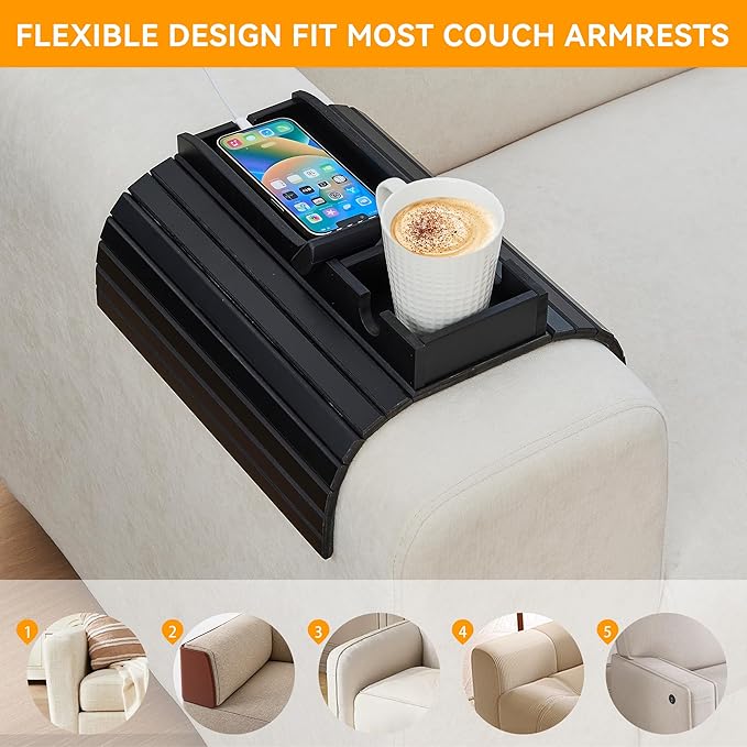 GEHE Bamboo Couch Cup Holder, Anti-Spill Sofa Arm Tray, Natural and Easy to Clean Couch Arm Cup Holder Armrest Tray Perfect for Cups, Beers, Snacks, Remote Control, Drinks