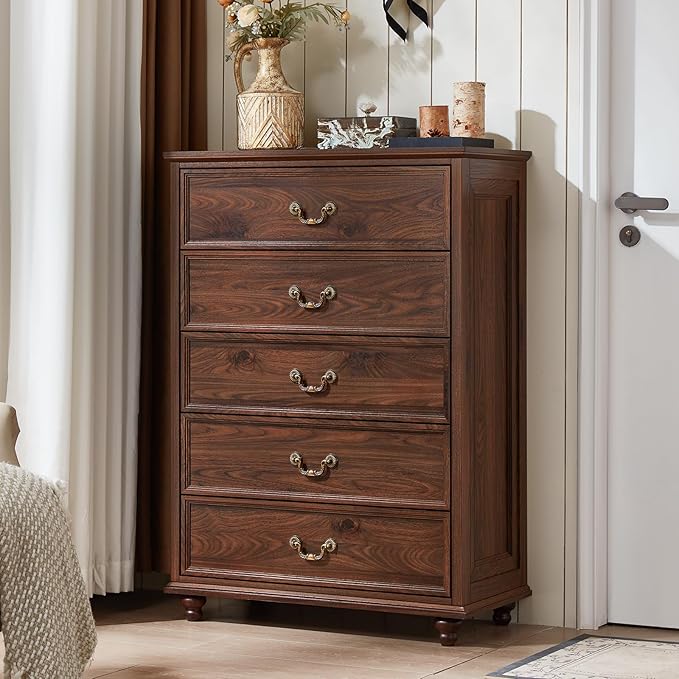 Farmhouse 5 Drawer Dresser for Bedroom, 45" Tall Rustic Chests of Drawers w/ 4 Solid Wood Feet, Mid Century Modern Wooden Closet Storage Dressers Organizer for Living Room, Hallway, Brown