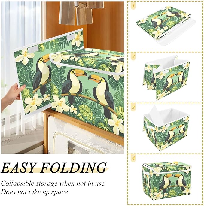 Large Storage Bins with Linen Collapsible Foldable Storage Cubes Fabric Closet Organizer Containers box Flip-Top Lid for Home Bedroom Office 16.7 x 12.6 x 11.8in (Bird Flower Leaves Green Pattern)