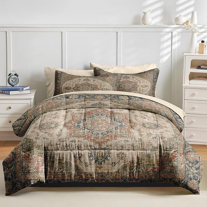 Comforter Set King Size, Vintage Medallion 7 Pcs Bedding for Kids and Adults, Floral Distressed Bed Sheet Sets with Fitted Sheet 2 Pillowcases & 2 Shams for Bedroom Bed Decor