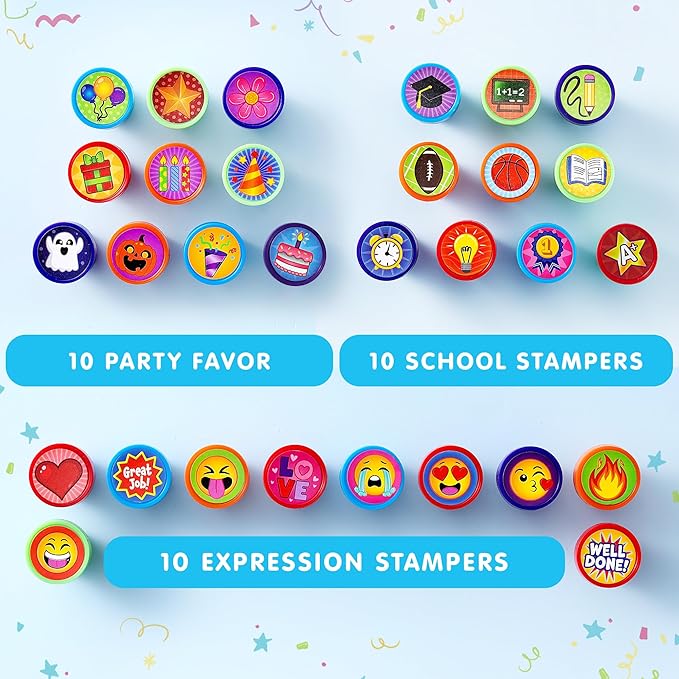 JOYIN 50 Pcs Assorted Stamps for Kids - Self-Ink Stamps with 50 Designs for Birthday Party Favor, Carnival Prizes, School Stampers, Goodie Bag, Halloween, Christmas (Zoo, Holiday Stampers)