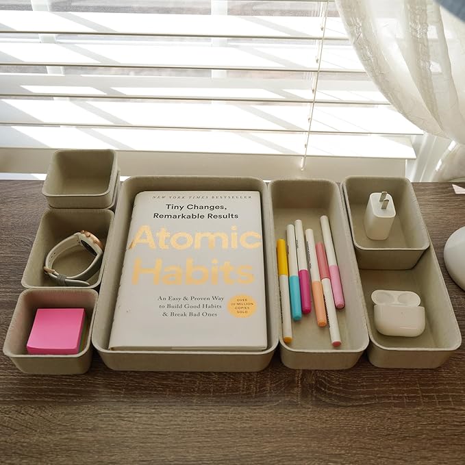 Welaxy Desk Drawer organizer trays Felt storage bin Sleek Minimalist Lifestyle chic aesthetics room décor for home office dorm closet decluttering 8-piece (Stone)