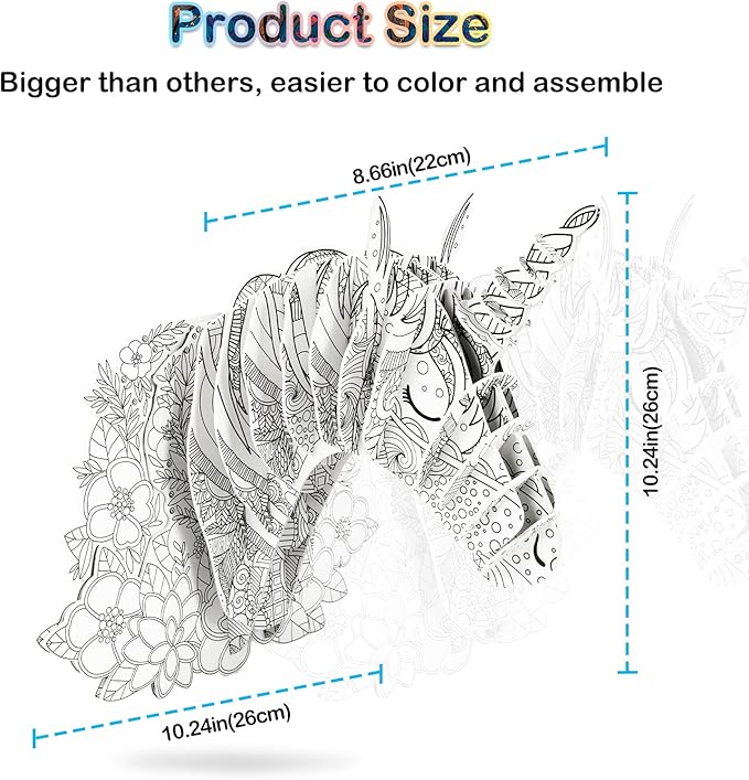 Hautton 3D Coloring Puzzle, Creative DIY Painting Puzzle Set Toy with 10 Coloring Pens, Fun Arts Crafts Gift for Kids Age 3 4 5 6 7 8 9 10 11 12 -Hornhorse