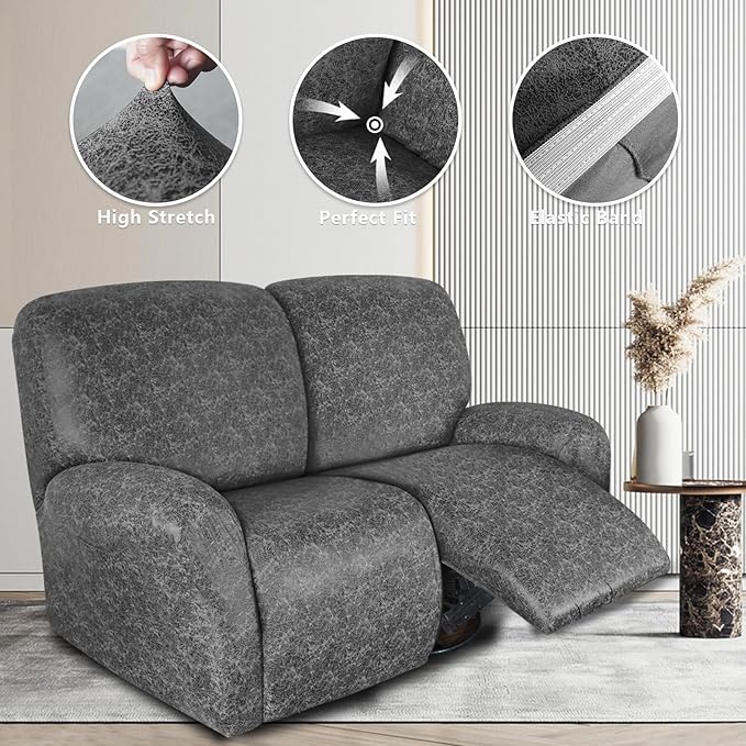 Leather Look Loveseat Recliner Covers Stay in Place 6-Piece Recliner Sofa Slipcover 2 Seater Reclining Couch Cover Spandex Fabric Washable (2 Seater, Light Grey)