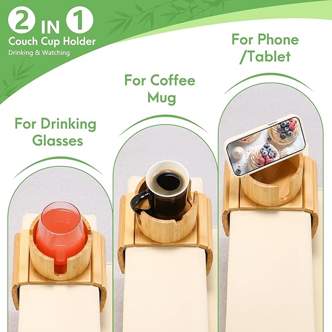 SINWANT Couch Cup Holder, Bamboo Couch Drink Holder for Large Coffee Mug,Non-Slip 360° Rotation 2 in 1 Sofa Cup Holder & Phone Stand, Clip on Sofa RV Car Armrest for Water Bottles,Cans,Wine