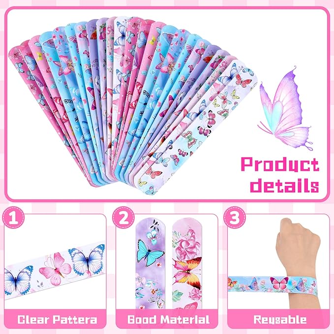 48 Pcs Butterfly Slap Bracelets Wristbands Toys Birthday Party Favors Kids Bracelets Snap Bands for Girls Butterfly Theme Birthday Party Decorations Supplies Class Prize Exchanging Gift, 12 Styles