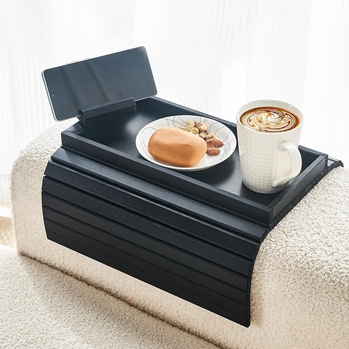 Bamboo Sofa Arm Tray Armrest Table with 360° Rotating Phone Holder, Anti Falling Couch Arm Tray, Foldable and Portable Sofa Armrest Cup Holder for Drink,Cups, Phone, Snacks, Remote