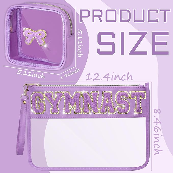 BuyCard 2 Pcs Gymnastics Gifts Cosmetic Makeup Bag with Chenille Letter Patch, Clear Pouch PVC Organizer Purse, Waterproof Travel Bag, Portable Toiletry Storage Bag for Her Girls Friends Women