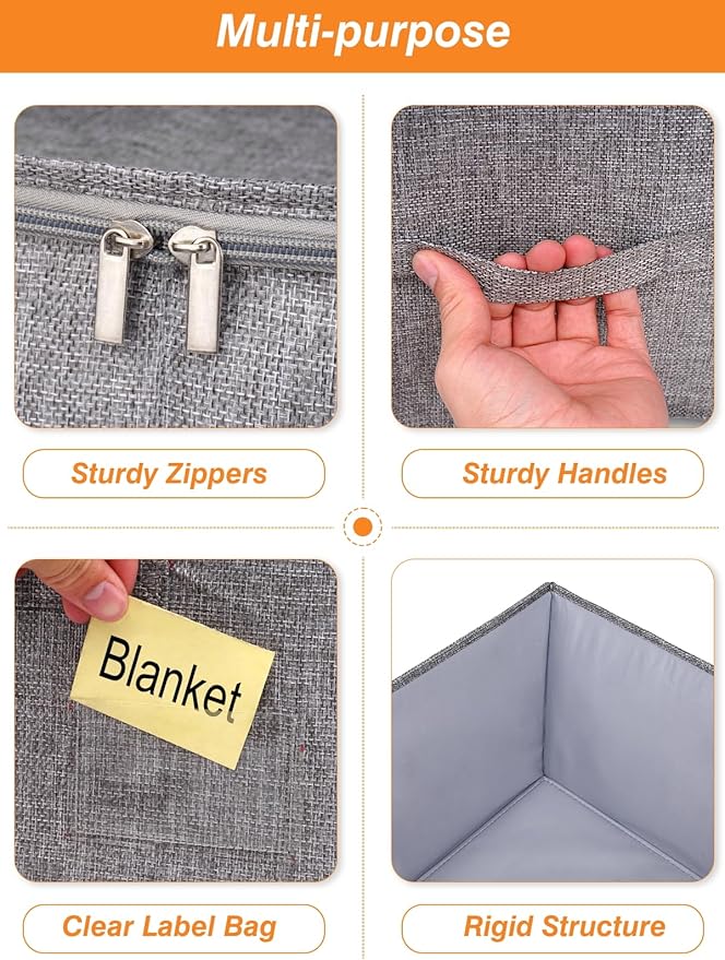 60L Blanket/Comforter Storage Bag w/Rigid Side & Bottom Support, Stackable Clothes Storage Bin for Sweaters Bedding Sets Quilts Pillows, Closet Organizer, 21.7x14.2x11.8in, 2 Pack, Gray