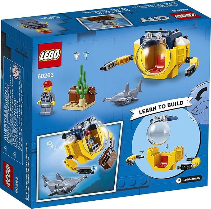 LEGO City Ocean Mini-Submarine 60263, Underwater Playset, Featuring a Toy Submarine, Pirate Treasure Chest, Hammerhead Shark Figure and a Pilot Minifigure, Great Gift for Kids (41 Pieces)