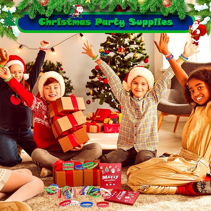 Christmas Rubber Bracelets 30 PCS Bulk Christmas Party Favors Stocking Stuffers for Kids Silicone Wristbands Goodie Bags Stuffers Xmas Toys Gifts Party Supplies Decorations Classroom Prizes
