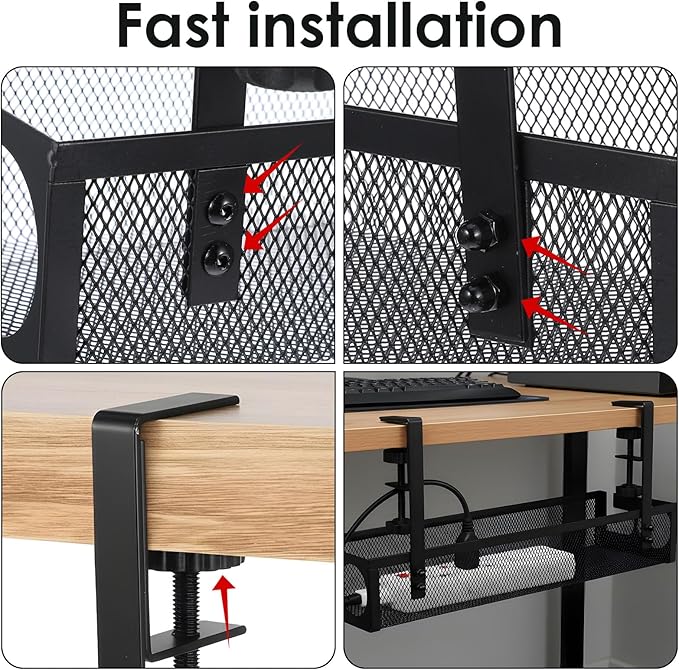 2 Pack Under Desk Cable Management Tray, 15 Inch No Drill Metal Mesh Organizer with Hybrid Side Slots, Wire Holder Storage Rack for Office Home Desk