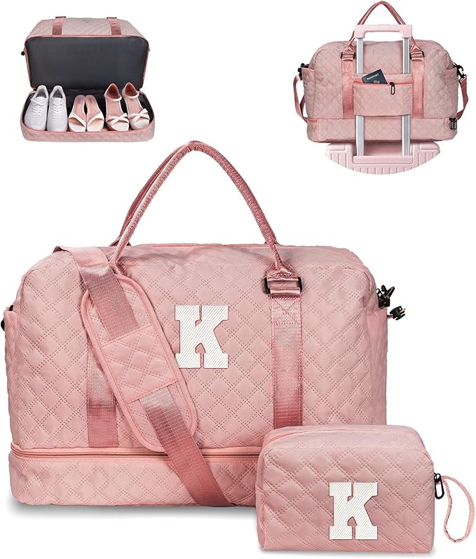 Retirement Gift for Woman-Duffle Bag with Shoe Compartment, Kids Weekender Bags, Overnight Bag with Makeup Pouch, Gifts for 10 11 12 13 14 15 16 Year Old Kid-Birthday Gifts for Her (Letter K)