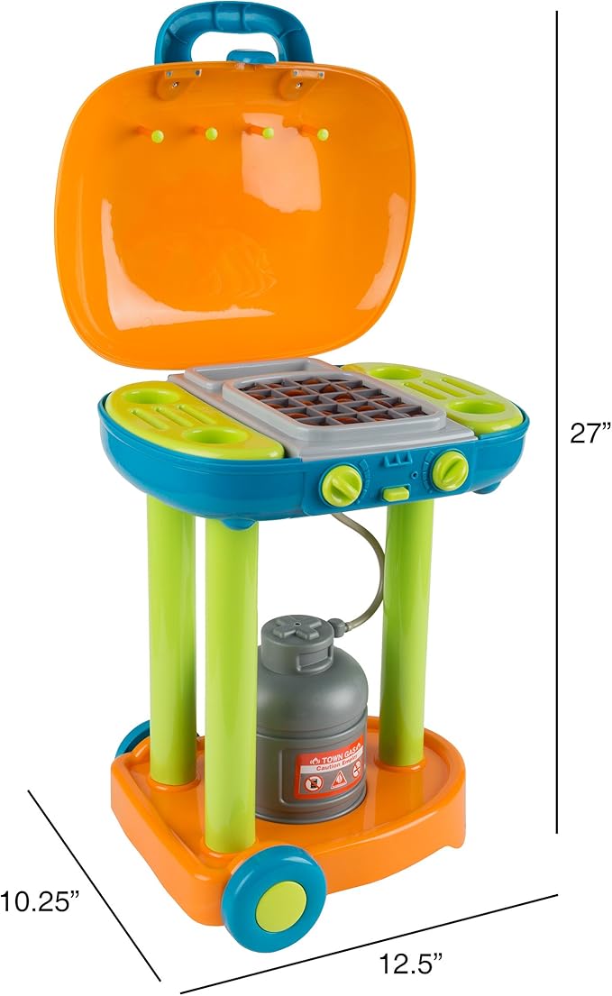 BBQ Grill Toy Set - Interactive Play Kitchen Set with Lights and Sounds, Wheels, Toy Food, and Cooking Accessories by Hey! Play!