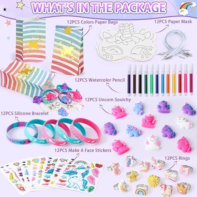 96PCS Unicorn Party Favors for Kids Coloring Masks DIY Craft Fufu Stress Toys Watercolor Pen Rings Stickers Bracelets Gifts Goodie Bags Pinata Fillers Stuffers Girls Unicorn Birthday Party Supplies