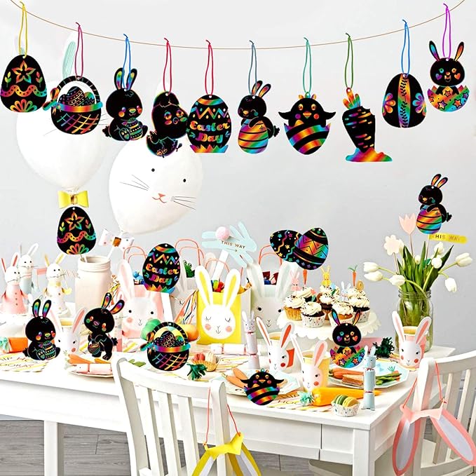HOWAF 36pcs Easter Scratch Art for Kids Crafts Gift, Easter Egg Rainbow Scratch Art Paper for Kids Easter Drawing DIY Tags Decoration Easter Party Bag Fillers, Easter Egg Bunny Chick Carrot Basket