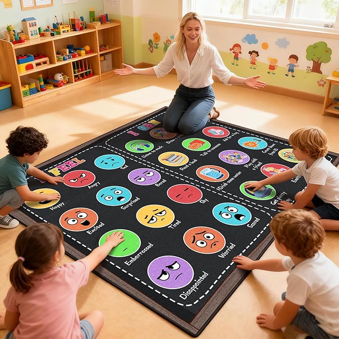 Classroom Rug Elementary 5x7ft for Playroom, Educational Smiley Face Kids Play Mat, Calming Corner Sensory Emotion Feelings Rug for Kidroom Nursery Bedroom, Non-Slip Washable(Black)