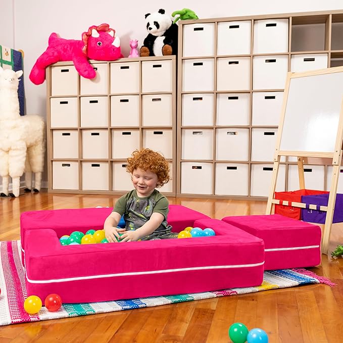 Jaxx Zipline Kids Modular Loveseat & Ottomans, Fold Out Lounger, Fuchsia