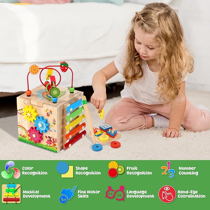 Batlofty Wooden Activity Cube | 8-in-1 Montessori Toys for 1+ Year Old Boys & Girls, Educational Learning Toy for Toddlers Age 1-2, 1st Birthday Gift | Bonus Sorting & Stacking Board