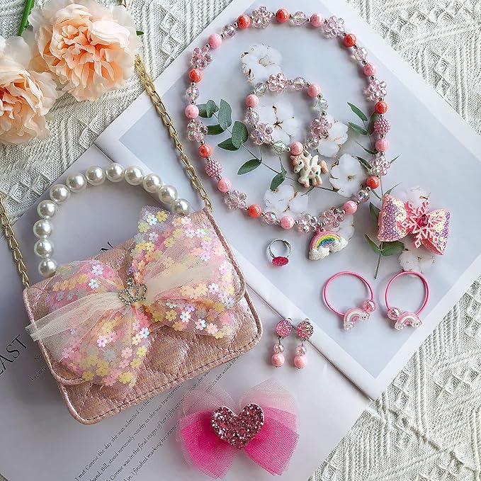 Girl Handbag Purse for Little Girls Kids Pretend Play Dress Up Necklace Hair Accessories Jewelry Set, Light Pink