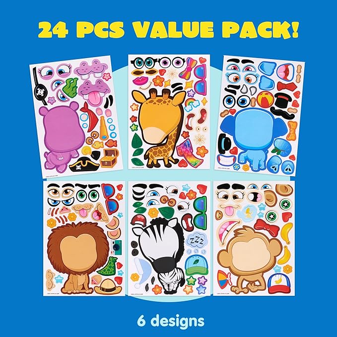 JOYIN 24PCS 9"x6" Make a face Stickers for Kids, Make Your Own Safari Animal Stickers, Jungle Party Favors Kids Crafts, Goodie Bags Stuffers, Classroom Rewards