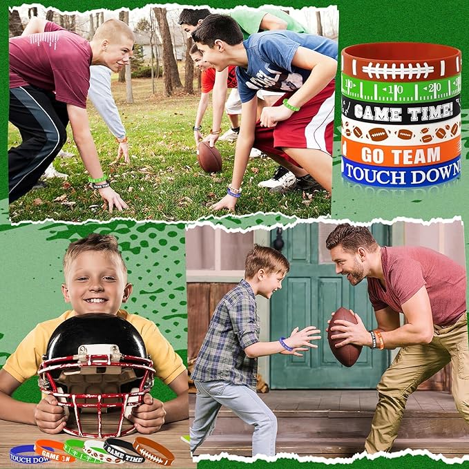 JUNEBRUSHS 42pcs Football Party Favors Silicone Bracelets Rubber Wristbands Accessories for Football Sport Themed Birthday Party Decorations Adults Stuffers Filler Gift Supplies(6 Designs)
