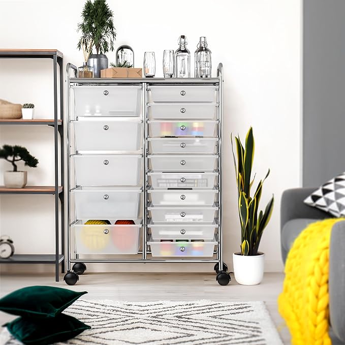 Simple Houseware Utility Cart with 15 Drawers Rolling Storage Art Craft Organizer, Chrome