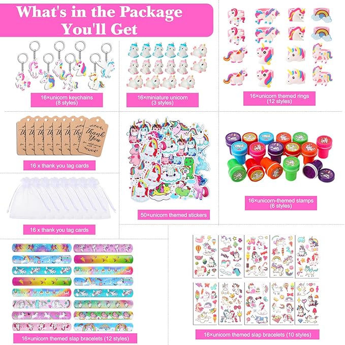 Hungdao 178 Pcs Unicorn Birthday Party Favors for 16 Kids with Keychain Sticker Stamp Ring Slap Bracelet Tattoo Sticker Gift Bag Tag for Unicorn Girl Party Carnival Gift Fillers