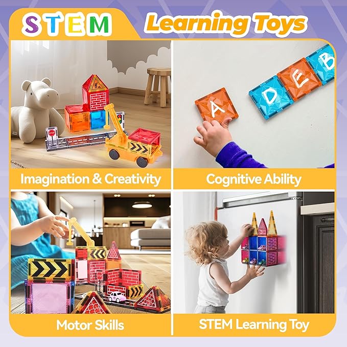 Magnetic Tiles Road Set with Car Crane and Toy Figurine, Construction Tiles Building Blocks Set for Kids Birthday Gifts, Educational STEM Sensory Toys for 3 4 5 6 7 8+ Year Old Toddlers Boys Girls