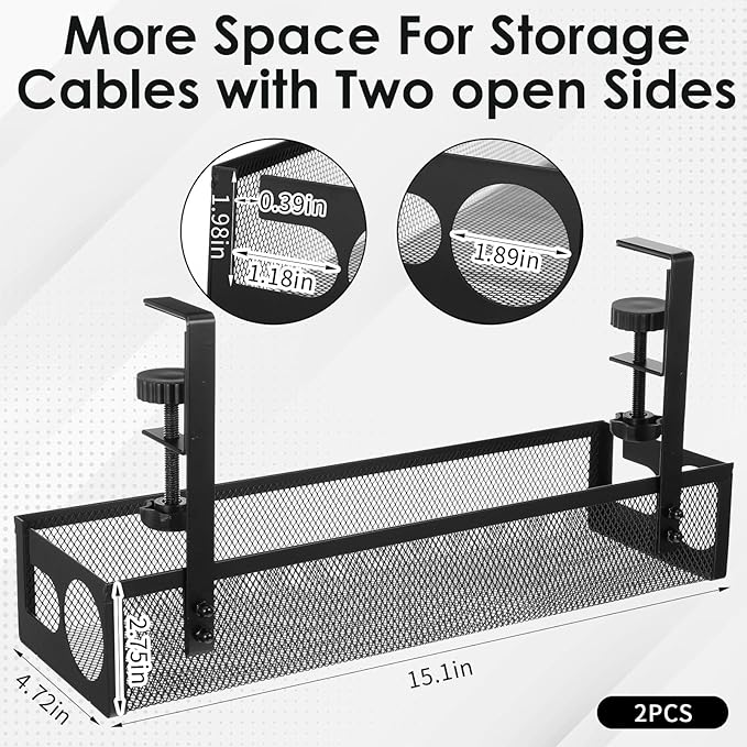 2 Pack Under Desk Cable Management Tray, 15 Inch No Drill Metal Mesh Organizer with Hybrid Side Slots, Wire Holder Storage Rack for Office Home Desk