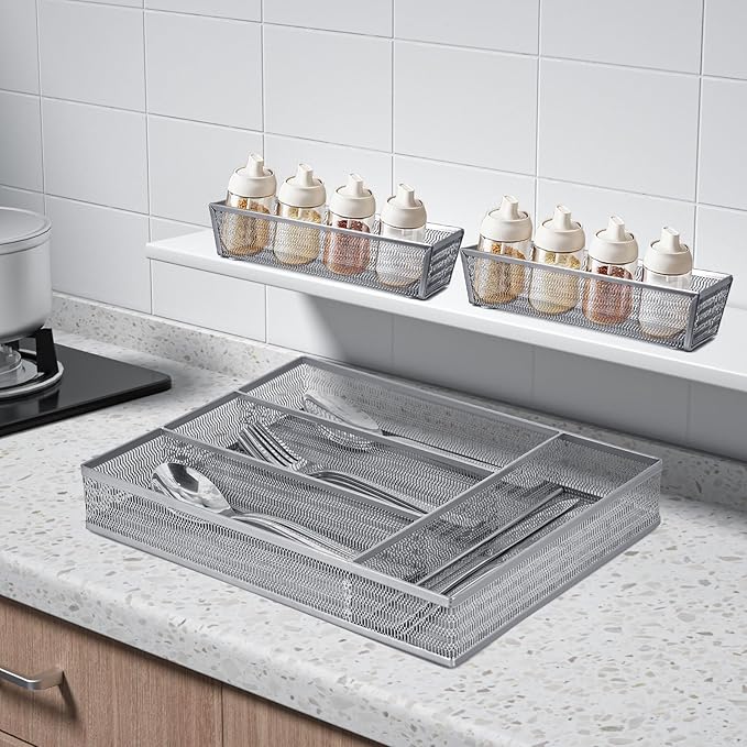 Neudeco Drawer Organizer Set 5 Pack - 4-Compartment Silverware Organizer Tray + 4 Utensil Trays, Kitchen Drawer Organizer for Flatware, Cutlery, Office Supplies, Silver Mesh, Non-Slip,Silver