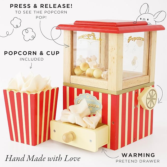 Le Toy Van - Wooden Honeybake Retro Popcorn Machine | Cinema, Kitchen Or Movies Pretend Play | Movie Night Role Kids Play Toy