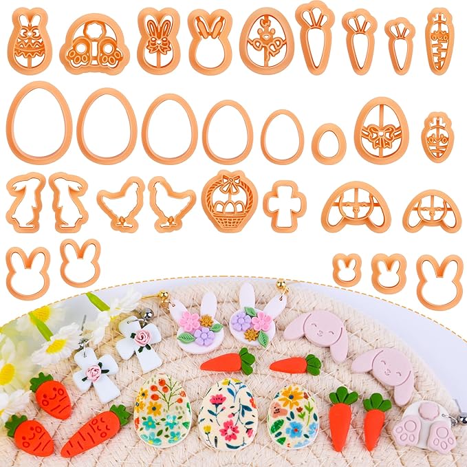 Puocaon Easter Clay Cutters, 30 Pcs Polymer Clay Cutters for Jewelry, Basic Rabbit Egg Carrot Clay Earring Cutters, Mirrored Bunny Chicken Clay Cutters for Earrings, Egg Basket Clay Jewelry Cutters